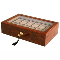 Watch Box for 12 Watches Burlwood Finish Inlaid Edge Window Removable Tray Extra Clearance Key