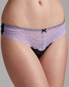 The eyelet lace waistband of Betsey Johnson's low-rise thong lies flat against the body for flattering wear. Style #722325.