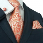 Landisun 189 Bright Orange Paisleys Mens Silk Tie Set: Tie+Hanky+Cufflinks