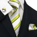 Landisun 305 Light Green White Stripes Mens Silk Tie Set: Tie+Hanky+Cufflinks