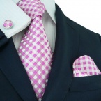 Landisun 550 Pinks White Plaids & Checks Mens Silk Tie Set: Tie+Hanky+Cufflinks