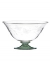 Etched with butterflies and blooms, this small Butterfly Meadow bowl by Lenox gives casual settings a whimsical lift. A tinted green pedestal adds a splash of color to luminous crystal.