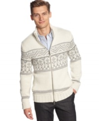 Handsomely modish is this classic fairisle full zip sweater by Calvin Klein.