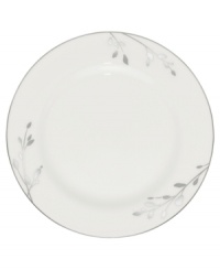 Birch branches grow around this pure white porcelain bread and butter plate from Noritake dinnerware. The dishes of this set turn formal tables into serene landscapes. The contemporary design is refined in polished platinum with a breezy, all-natural beauty.