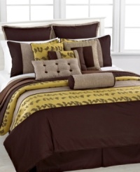 With a rustic yet refined appeal, this Khloe comforter set boasts horizontal lines of simple leaves with a modest color palette of yellow and brown. A quilted coverlet offers a layer of depth while five decorative pillows finish the look with added style.