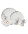 A natural at modern tables, the Aliza Gris place setting from Mikasa creates a serene landscape for casual dining. White porcelain with watercolor florals is sleek and elegant in form, but offers everyday durability.