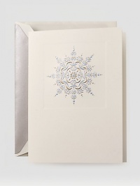 The beauty of a snowy evening, from the purple glow in the sky to the tiny flakes blanketing the ground, is conveyed in this snow white card engraved with a platinum and pale blue snow star. Inside reads Season's Greetings, engraved in platinum. Set of 10 cards5.5 X 7.38Made in USA