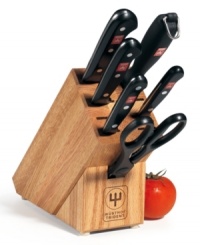 The seasoned gourmet is always one step ahead, a cut above the rest. This stamped knife set is manufactured of the highest quality high-carbon surgical stainless steel – a complete arsenal of sensible cutlery that's sure to hold its razor-sharp, long-lasting edge for many meals to come. Lifetime warranty.