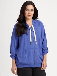 Inspired by the sporty hoodie, this design made from a soft cotton blend, features ultra-feminine roll-tab sleeves offering stylish arm coverage.Attached hoodRoll-tab sleevesKangaroo pocketsBack yokeAbout 26 from shoulder to hemCotton/polyester/rayonMachine washMade in USA