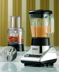 This powerhouse duo makes everything easier. The handsome countertop blender unit comes with a three-cup food processor attachment, both with seven preprogrammed speeds for ultimate versatility. Three-year limited warranty. Model BFP-10CH.