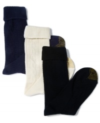 Pair these classic, cable knit socks by Gold Toe with your favorite pair of tall boots, booties or even walking shoes. They're soft and cushiony with a reinforced toe for maximum comfort. Comes in a pack of two.