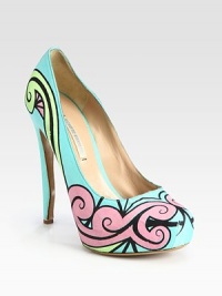 Luxurious satin pump with a whimsical swirl print in candy-colored hues. Self-covered heel, 5 (125mm)Hidden platform, 1 (25mm)Compares to a 4 heel (100mm)Printed satin upperLeather lining and solePadded insoleMade in Italy