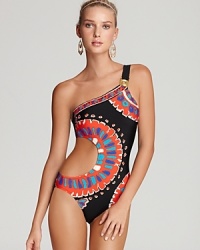 Demurely alluring, this Trina Turk one piece shows off your shoulders and side in one irresistible silhouette in a get-noticed pattern.