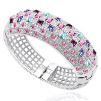 Contessa Bella Fancy Genuine 18k White Gold Plated Pink Aqua Blue Purple Fuchsia and Clear Swarovski Austrian Crystal Elements Multicolored Stones Magnetic Clasp Closure Hinged Cuff 1 Inch Wide Bangle Women Bracelet Elegant Silver Color Crystal Fashion Je