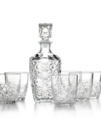 Whiskey will be everyone's drink of choice with the Dedalo barware set, featuring a clear glass decanter and double old-fashioned glasses with a twinkling star-cut pattern from Bormioli Rocco.