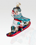 Cut from European glass that's hand-painted and dusted in glitter, Frosty reaches high speeds while snowboarding in the North Pole. Hand-blownHand-painted4½ tallMade in Poland