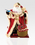 Exquisitely crafted by hand of fabric and wood, this rustic, woodland Santa, draped in fur, with a soft flowing beard, is a keepsake indeed, to become a treasured part of your holiday decor for years to come.Handmade and hand-paintedFabric and woodStands on a polished wood base24HImported