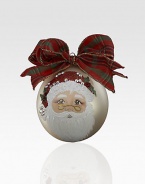 A sparkling keepsake with a lustrous metallic sheen, finished with a hand-painted embellished Santa and a charming tartan bow.Hand-painted glassBow detail4 diam.Imported