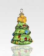 Hang this lovely tree upon your tree and enjoy its mouth-blown, hand-painted elegance, completed by a glittering gold star on top.Glass1.75H X 1.25 diam.Imported