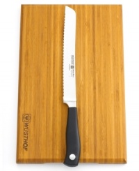 Hey sharp stuff-stock your kitchen with the best tools for every task! The perfect duo for hosting or simply sitting down to a delicious meal, this 8 bread knife expertly handles the firm crust and soft inside of your favorite loaf, while the bamboo cutting board protects countertops, maintains the sharp edge of your knife and adds an attractive accent to your space. Lifetime warranty.