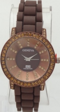 Geneva Women's Silicone Designer Watch with Brown Baguette Stones Bezel