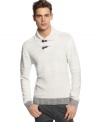 This handsome Bar III sweater has a stylish shawl neck and classic toggle buttons.