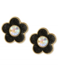 Budding beauties. This pair of stud earrings from Betsey Johnson is crafted from gold-tone mixed metal with black glitter accents and a glass crystal stone in the center adding luster. Approximate drop: 5/8 inch.