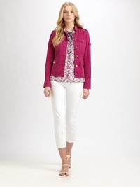 Iconic Tory Burch buttons adorn this twill jacket with convenient patch pockets and a chic, shrunken fit. Stand collarEpaulettesButton closurePatch pocketsPrincess seamsAbout 21 from shoulder to hemCotton/spandexDry cleanImportedSIZE & FIT Model shown is 5'10(177cm) wearing a US size Small. 