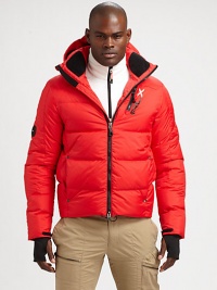 A water-resistant and repellent down jacket features interior techno-fleece piecing and is designed with a wind-guard hood, storm cuffs and thumbholes for added protection against the elements.Two-way zip frontRemovable drawstring hoodZippered chest, waist pocketsAbout 23 from shoulder to hemNylonMachine washImported