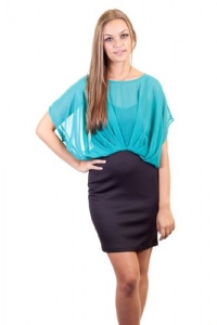 Toska Color Block Chiffon Top Overlay Fitted Skirt Back Zipper Body Con Form Fitting Short Dress Aqua Turquoise