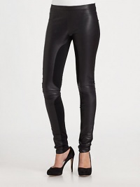 Wear now and love forever-- these lustrous leather leggings have modern contrast panels and a secure elastic waistband. Elastic waistbandRise, about 7Inseam, about 33Body: Lamb leather; Contrast: 85% polyester/15% spandexDry cleanImported of Italian fabricModel shown is 5'10 (177cm) wearing US size 2.