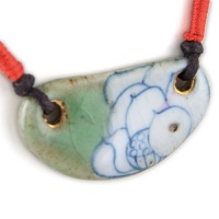 Painted Blue And Aqua Green Lotus With Fine Gold Detail - Cherry Red Woven Accents - Half Moon Crest Gray Musk Hand Made Ceramic Pendant - Dark Brown Adjustable Necklace