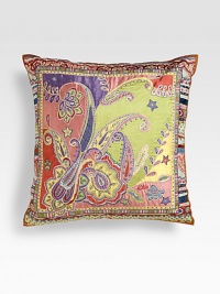 Kaleidoscopic swirls of paisley-style color on fine silk. Fringed edges18 squareSilk with polyfillDry cleanMade in Italy