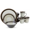 Bands of neutral color on ringed stoneware lend the Carousel Black dinnerware set by Sango to just about any casual table. Easy-clean place settings complement quick weeknight meals and low-key entertaining.