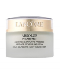 Repair – Intense Moisture – Clarity. Lancôme Laboratories sets the new standard in skincare to fight visible effects of age and hormonal changes. Absolue Premium ßx SPF 15 Cream revolutionizes skin replenishment by combining two advanced discoveries in one luxuriously rich cream: Pro-Xylane™, a patented scientific breakthrough: an exceptional and precise molecule, restores essential moisture deep in the structure of skin's surface.  So skin regains youthful substance, firmness, and radiance – as if signs of aging are visibly repaired. The intensely replenishing ßio-Network™ – wild yam, soy, sea algae and barley – helps enhance performance for visible rejuvenation. See the transformation, verified by women*: Visible Repair: Wrinkles appear reduced. 85% experience improved elasticity and firmness.Intense Moisture: 91% feel skin is nurtured.  Re-plumped with life.Clarity:  A radiant, even skin tone is revealed.*Percentage of women who noted visible facial improvement after 4 weeks during an 8-week consumer test.NON-COMEDOGENIC.NON-ACNEGENIC. DERMATOLOGIST-TESTED FOR SAFETY