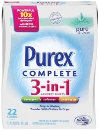 Purex Complete 3-in-1 Laundry Sheets, Pure and Clean, 22 Count