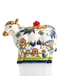 Fresh from the farm. Irresistibly charming, this enormous cow-shaped cookie jar features bold Bocca florals in easy-care earthenware from Tabletops Unlimited.