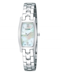 Pair this angelic Pulsar timepiece with your dearest dress for a truly special evening. Crafted of stainless steel bracelet and rounded rectangular case. Mother-of-pearl dial features silver-tone Roman numerals at six and twelve o'clock, applied stick indices, hour and minute hands and logo. Quartz movement. Water resistant to 30 meters. Three-year limited warranty.