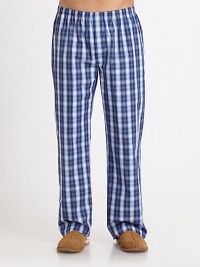 A stylish woven cotton pant for lounging or bedtime in a bold check pattern.Elastic waistCovered placket button-flySide slash pocketsInseam, about 32CottonMachine washImported