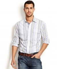 The vertical stripes on this woven shirt from Nautica have you looking your casual best from top to bottom.