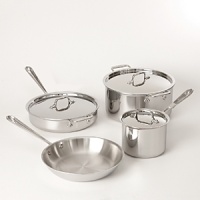 The perfect foundation for stocking your kitchen, this 7-piece set provides you with everyday cooking essentials: a 10 fry pan, 2-qt. sauce pan with lid, 3-qt. sauce pot with lid and 8-qt. lidded stock pot. Favored by chefs and cooking enthusiasts, All-Clad's stainless steel cookware boasts a starburst finish that provides superior stick resistance.