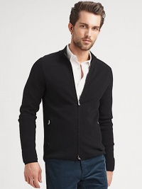 Extrafine wool shapes and defines this full-zip cardigan sweater that layers effortlessly over a classic woven shirt or a cotton tee.Two-way zip frontStand collarSide zip pocketsWoolDry cleanImported of Italian fabric