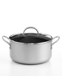 The dutch oven's heavy-gauge heats up quickly and spreads evenly to give a professional finish to your meal, and with an interior and exterior that utilizes the latest TOTAL® technology, this lifetime piece guarantees a high resistance to abrasion and sticking with little to no use of grease, resulting in a nonstick that outlasts all others and promotes a healthier approach to cooking. Lifetime warranty.