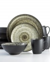 A muted, mottled hue imparts a homespun quality, infusing this striking stoneware set from Sango with a one-of-a-kind, artsy appeal.