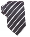 Timeless black and white stripes make this Geoffrey Been silk tie a versatile pick.