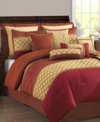 An ornate mixture of prints and solids, this Paragon comforter set boasts a look of distinction with an elegant touch. This complete set features shams, bedskirt and a pile of decorative pillows all in rich red and yellow hues with shimmering gold accents for a truly stunning presentation.