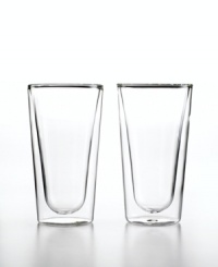 Double-duty drinkware. This set of Duos highball glasses from Luigi Bormioli features two layers of glass blown together for a cool floating look, smart insulation and lasting durability. The innovative design keeps hot drinks hot-but not too much to handle-and cold drinks chilled without making the glass sweat.