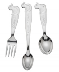 Three young ducks get your little tyke fed and ready to leave the nest. Baby fork, baby spoon and feeding spoon handles stamped with ducky sounds end in the shape of adorable birds.