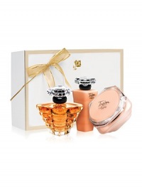 For the Holiday, TRESOR captures the spirit of eternal love. This collection combines the elegance of rose, muguet and lilac with the sparkle of peach and apricot blossom for an elegant and radiant fragrance. Gift Set Contains: Tresor 3.4 oz. Fragrance Spray, Tresor 5.3 oz. Body Creme, Tresor 3.4 oz. Shower Gel. 