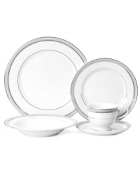 Well-suited for formal occasions, the place settings from Mikasa's regal Platinum Crown dinnerware and dishes collection feature elegant white fine china trimmed with embossed platinum bands.